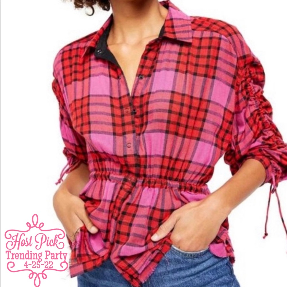 FREE PEOPLE Pacific Dawn Blouse Bohemian Top Plaid Snap Buttons Ballon Sleeves